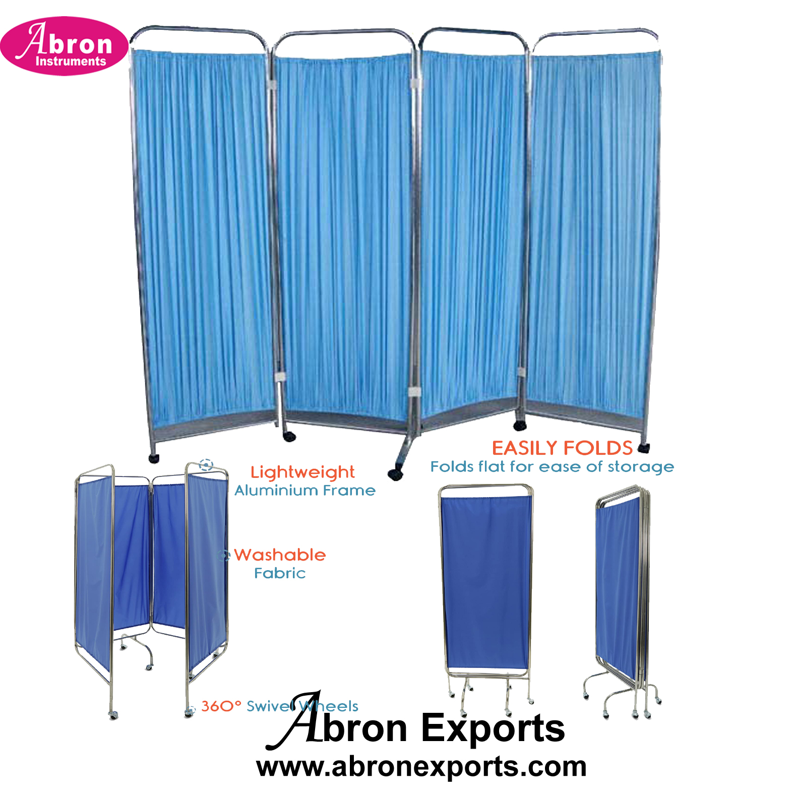 Hospital Medical bedside screens 4 four x2 feet partion with curtons steel frame with wheels Abron ABM-2355-S4P 